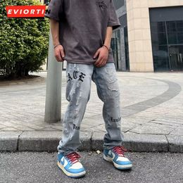 Jeans pour hommes Ripped Hole Retro Washed Jeans pour hommes Streetwear Distressed Casual Baggy Denim Pantalon Harajuku Straight Vibe Style Loose Pants 230313
