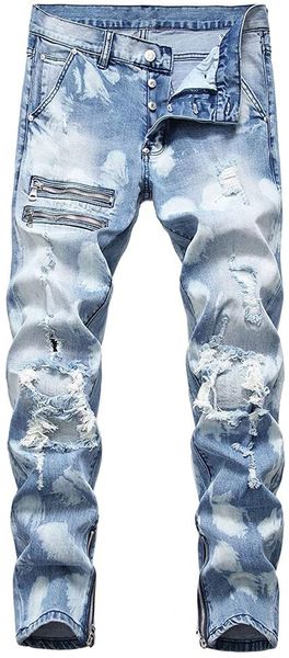 Jeans para hombres para hombre rasgado flaco desgastado destruido cremallera pantalones de mezclilla masculino motorista agujero slim fit casual tamaño asiático