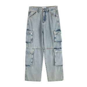 Jeans pour hommes poche latérale lavée bleu clair baggy pour hommes pantalon de jean décontracté droit pantalon de cargaison surdimension