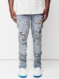 Mens jeans zijkant spleet zipper verf slank fit katoenen gescheurde denim broek herfst high street mode knie slijtage lichtblauw 230811