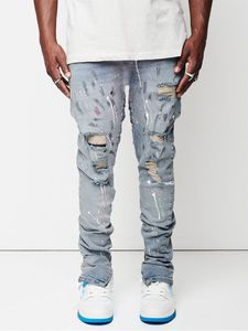 Mens jeans zijkant spleet zipper verf slank fit katoenen gescheurde denim broek herfst high street mode knie slijtage lichtblauw 230511