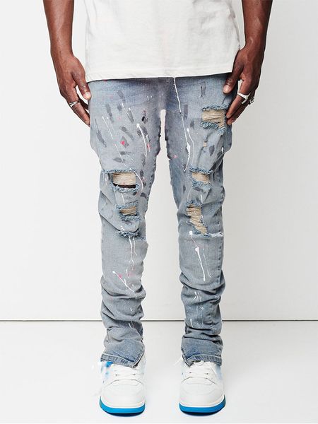 Jeans pour hommes côté zipper fente peinture slim fit pantalon en jean déchiré en coton