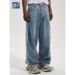 Jeans para hombre Raya lateral para hombres Ropa de calle Pantalones de mezclilla de pierna ancha Pantalones holgados azul 230809