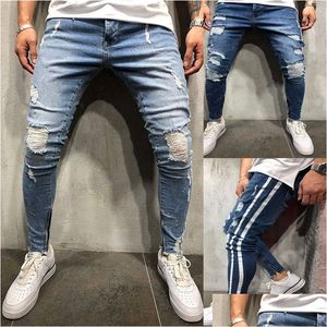 Jeans pour hommes Side Blue Blue Ripped Denim Long pantalon est mort Biker Washed Cool Slim High Street Pantal