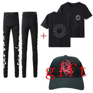 Jeans pour hommes skinny jeans en denim stretch slim lavé lettre imprimé pantalon coton t-shirts décontractés à manches courtes t-shirt de luxe Streetwear pantalon cadeau un chapeau avec 4 styles noir