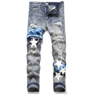 Jeans pour hommes Slim Skinny crayon pantalon minceur homme émacié High Street Jeans coupe ajustée et trou Patch broderie noblesse britannique