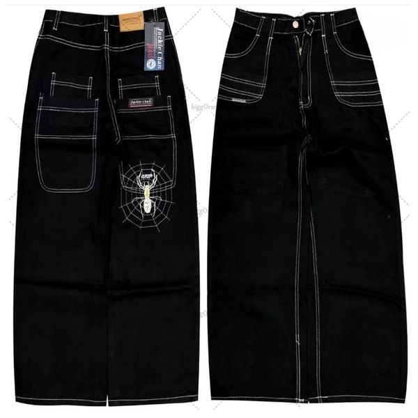 Jeans pour hommes motif de dessin animé araignée brodé femmes été noir rue décontracté Hip Hop taille haute pantalon large 230915