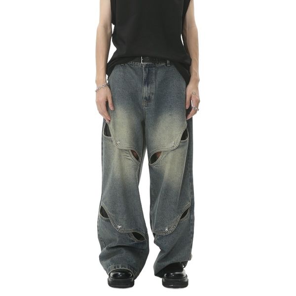 Jeans para hombre Primavera y otoño Botón de metal Empalme Diseño pesado Sentido hueco de pierna ancha para hombres Mujeres 230914