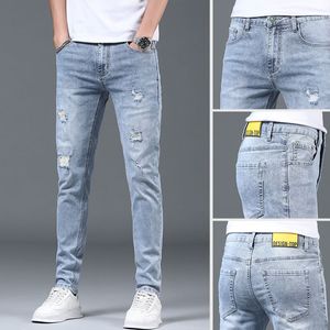 Hommes Jeans Printemps Été Élégant Trou Déchiré Coréen Stretch Slim Travail Denim Pantalon avec Distressed Design Bleu Casual Luxe Hommes 230615