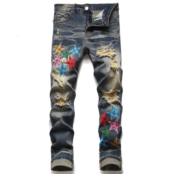 Pantalones vaqueros para hombre, pantalones con agujeros rasgados bordados con estrellas, ropa informal estilo Hip Hop ajustada para motocicleta, ropa vaquera Punk 230606