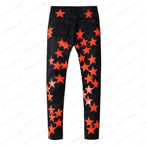 Jeans pour hommes étoiles Slip Skinny Men Pantalon Orange Patch portable Biker extensible tendance longue Hip Hop droit avec trous bleu 99d1