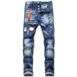 Jeans para hombre starbags dsq jeans pequeños de pierna recta bordados Tela rasgada Insignia de salpicaduras de pintura elástica 231219