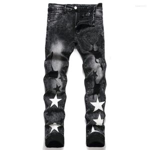 Jeans pour hommes étoiles hommes broderie déchiré tendance pantalon de moto Streetwear noir Denim Slim Fit trous décontractés détruit pantalon Hip Hop