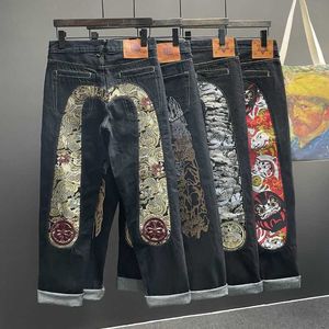 Mens jeans rechte broek man skelet borduurwerk met dweepers streetwear denim kleding voor mannen baggy t230110