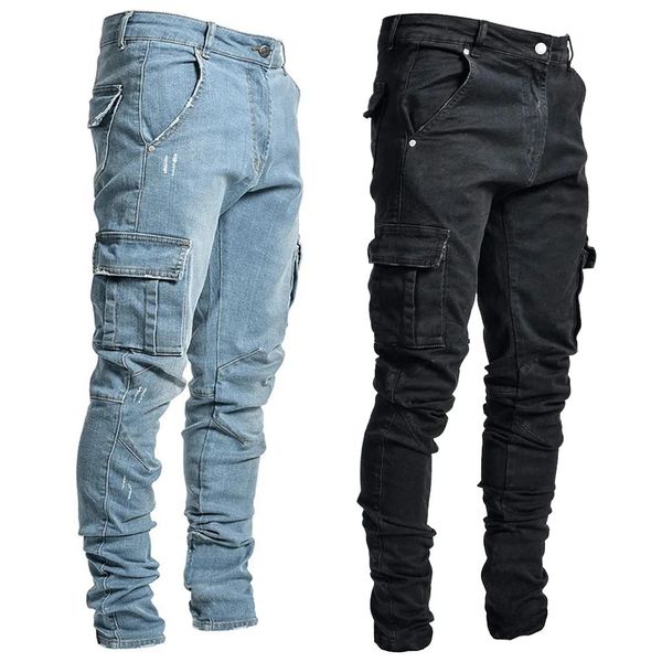 Jeans pour hommes Street Elastic Men Denim Cargo Pants Wash Couleur unie Multi poches Casual Pantalon taille moyenne Slim Fit Daily Wear Joggers 231218