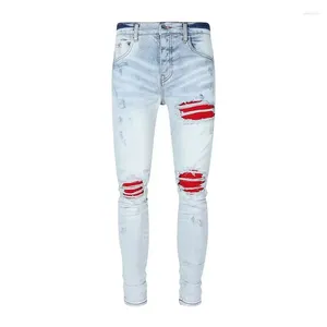 Jeans pour hommes Street Fashion Designer Hommes Rétro Bleu Foncé Élastique Stretch Skinny Fit Déchiré Rouge Patché Hip Hop Marque Pantalon
