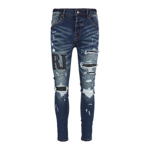Mens Jeans Street Fashion Men Dark Blue Elastic gescheurde stretch skinny broek Patch Designer Hip Hop Pants HOMBRE 230811