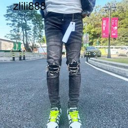 Jeans pour hommes Street Fashion Violet Rétro Noir Gris Stretch Skinny Fit Bouton Fly Ripped Hommes Patché Designer Hip Hop Marque Pantalon