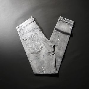 Jeans pour hommes de la rue Street Men de haute qualité Retro Grey Grey Elastic Slip Fit Ripped Splashed Designer Casual Denim Pantal
