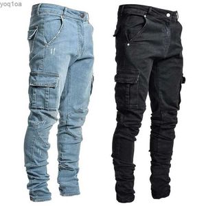 Jeans pour hommes jeans streetwear élastique pour hommes pantalons de cargaison de denim couleurs solides de plusieurs poches pantalons de taille décontractés ultrathin adaptés à l'usure quotidienne par jogge