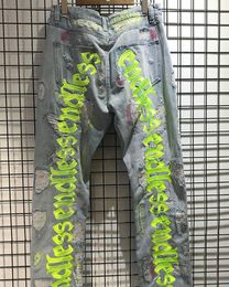 Jeans pour hommes Streetwear sans fin trou de dommage élevé Jean hommes femmes qualité bouton en métal fermeture éclair Denim pantalon lettre impression 3D 2 UUBQ