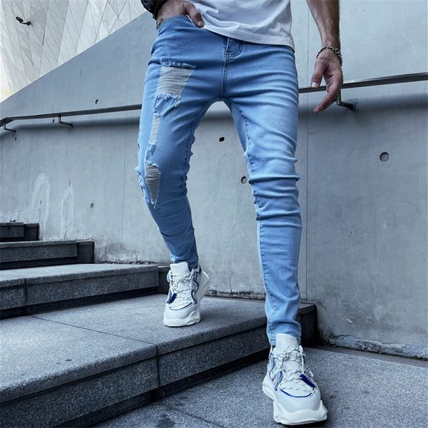 Jeans pour hommes Streetwear Hommes élégants pantalons déchirés minces hip hop mâles trous extensible pantalon denim décontracté 230812