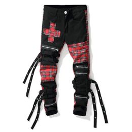 Jeans pour hommes Streetwear Personnalité Noir Rouge Plaid Patchwork Cross Slim Droite Tendance MTI Faux Fermetures à glissière Bandage Denim Pantalon Drop Deliv Dhvdz