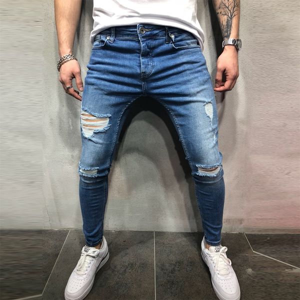 Hommes Jeans Stretch Déchiré Serré Genou Slim Fit Jean Coupe Droite Pantalon Hommes E Vêtements pour 230706