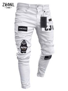 Heren jeans rekbare gescheurde magere geborduurde witte broek vernietigd gat slank fit denim hoge kwaliteit hiphop mannen broek 230330
