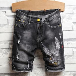 Heren jeans zomer mannen gepersonaliseerde borduurwerk streetwear strand jean shorts mode losse gescheurde vintage hiphop denim short short