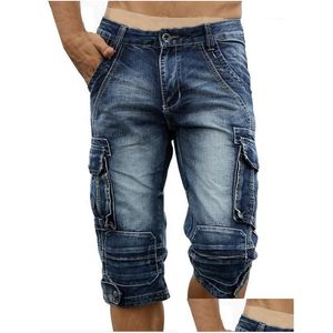 Herenjeans Zomer Retro Cargo-denimshorts Vintage Acid Washed Faded Mti-zakken Militaire stijl Bikershort voor heren Drop Delivery Dhwbt