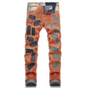 Pantalones vaqueros para hombre Summer Street Orange Spider Web Fashion AppliedCloth MidWaist Slim Pencil Pants Hip Hop Ropa 230809