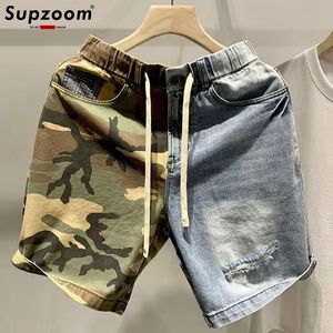 Mens jeans supzoom aankomst mode mode shorts mannen ulzzang zomerpatroon lengte ritssluiting vlieg gestoord patchwork 230519