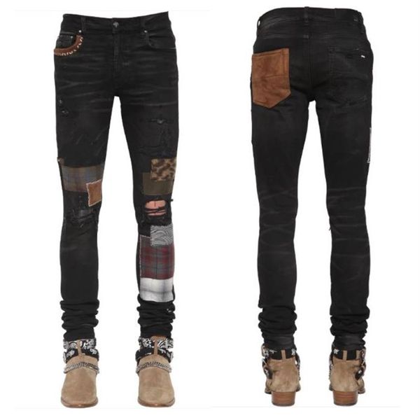Jeans pour hommes Top qualité Distressed Motorcycle Patch biker jeans tight Ripped trou stripe Famous Denim pants2676