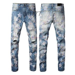 Jeans pour hommes Topdesigner Vêtements Amires Denim Pantalons Amies 874 High Street Fashion Brand Blue Star Grid Patch Stretch Hole Trend Slim Straight Small Feet Me