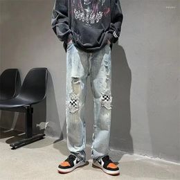 Heren jeans broek gescheurd met spleten mannelijke cowboy broek streetwear voor mannen gaten recht lichtblauw gebroken gescheurd 2024 Koreaanse herfst