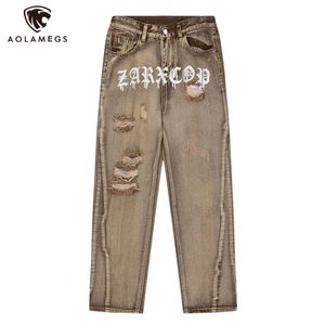 Herenjeans Vintage Hip Hop Men Ripper Hole Retro Letter Denimbroek Zomer Baggy High Street Brown rechte broek Mannelijke streetwear 230330