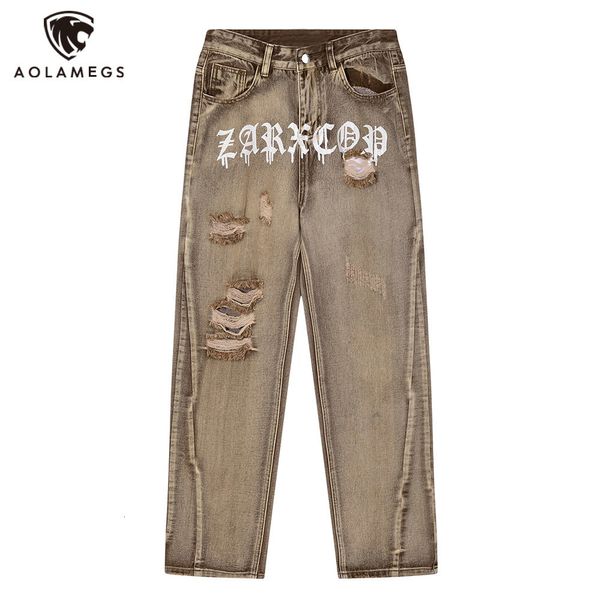 Hommes Jeans Vintage Hip Hop Hommes Ripper Trou Rétro Lettre Denim Pantalon D'été Baggy High Street Marron Pantalon Droit Homme Streetwear 230330