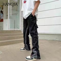 Jeans pour hommes Vintage Streetwear pantalon évasé Hip Hop éclaboussures d'encre large jambe Jean salopette pour hommes à la mode rétro Patchwork 230607