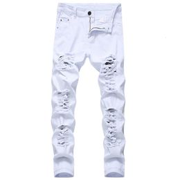 Jeans pour hommes Blanc Mode Hip Hop Ripped Skinny Hommes Denim Pantalon Slim Fit Stretch Distressed Zip Jean Pantalon de haute qualité 230830