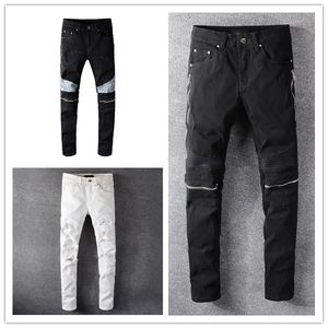 Jeans pour hommes Gros Genou Mode Noir Marque Designer jean homme Zipper Ripped Splicing Droite Moto Biker stretch Slim Hip Hop Denim innovant Skinny Pant