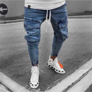 Jeans pour hommes avec poches latérales Denim hommes pantalon Slim Fit Jeans hommes Slim taille élastique pantalon Calca Motociclista 211104