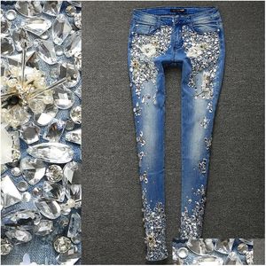 Jeans pour hommes Femmes strass de diamant leggings pantalon denim skinny extension plus taille crayon slim millésime pantalon gouttes de gouttes