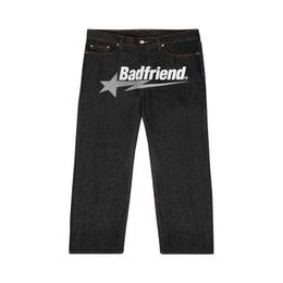 Jeans para hombre Y2k Badfriend Hip Hop Carta Impresa Pantalones Negros Hombres Mujeres Moda Casual Rock Pie Ancho Pantalón Baggy Streetwear I3N1