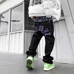Hommes Jeans Y2k Gothique Mode Motif Broderie Noir Harajuku Rétro Rue Taille Haute Hommes Vêtements Baggy Large Jambe Pantalon 230519