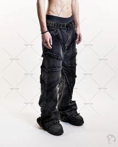 Jeans pour hommes Y2K Punk noir américain Street Rock rétro taille haute surdimensionné hommes bord brut lavé pantalon droit jambe large 231129