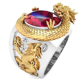 Heren sieraden 3D gesneden driedimensionale draak ring charme vintage heren rode zirkonia punk ring banket sieraden cadeau 240228