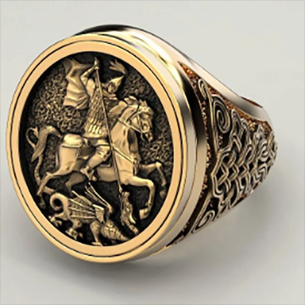 Bijoux pour hommes Punk Unique chevalier dominateur cheval Dragon motif géométrique en vogue bagues en or 14 carats pour hommes bijoux de fête Vintage