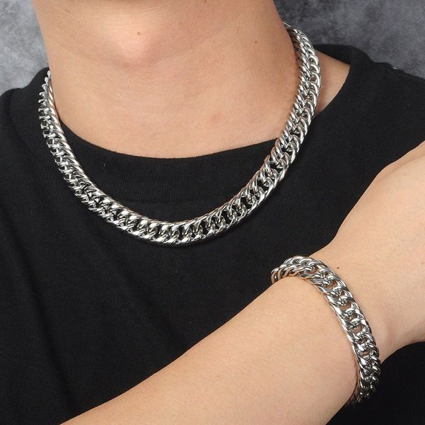 Ensemble de bijoux pour hommes, collier et bracelet en acier inoxydable, maillons de chaîne durables, chaînes Hip Hop pour hommes et femmes, 8 mm, 24 pouces, 8,5 pouces, argent