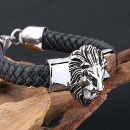 Gioielli da uomo Testa di leone in acciaio inossidabile argento con bracciale in pelle nera 20mm272Z